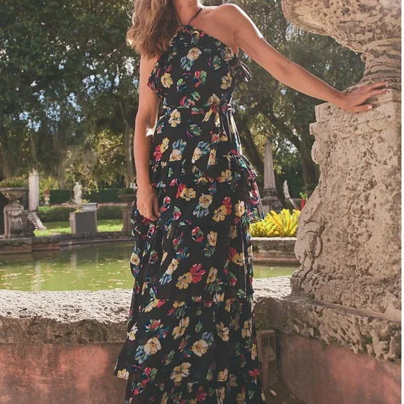 LAUREN RALPH LAUREN Floral Halter Neck Sleeveless Ruffled Trim Gown Dress  - www.armafbd.com